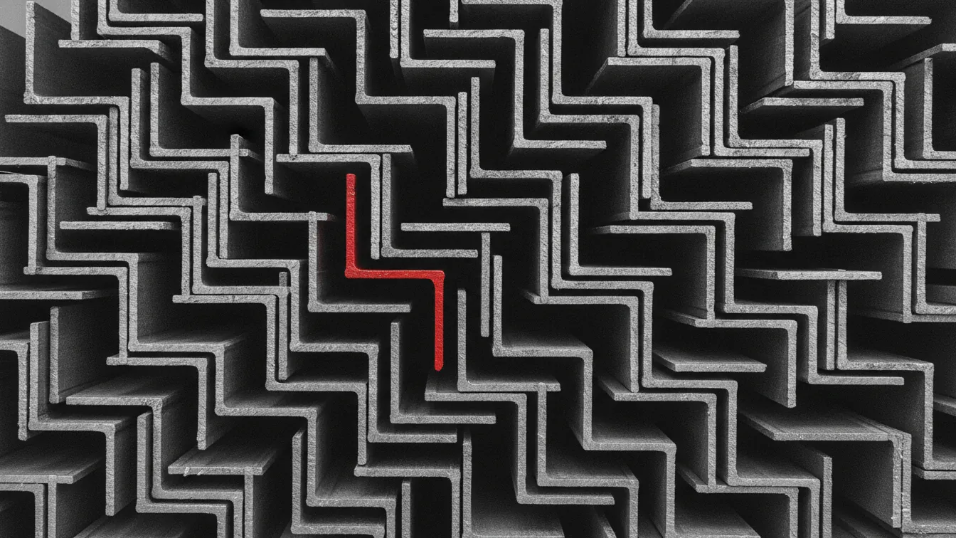 Illustration: stacked steel angle profiles with a single red profile