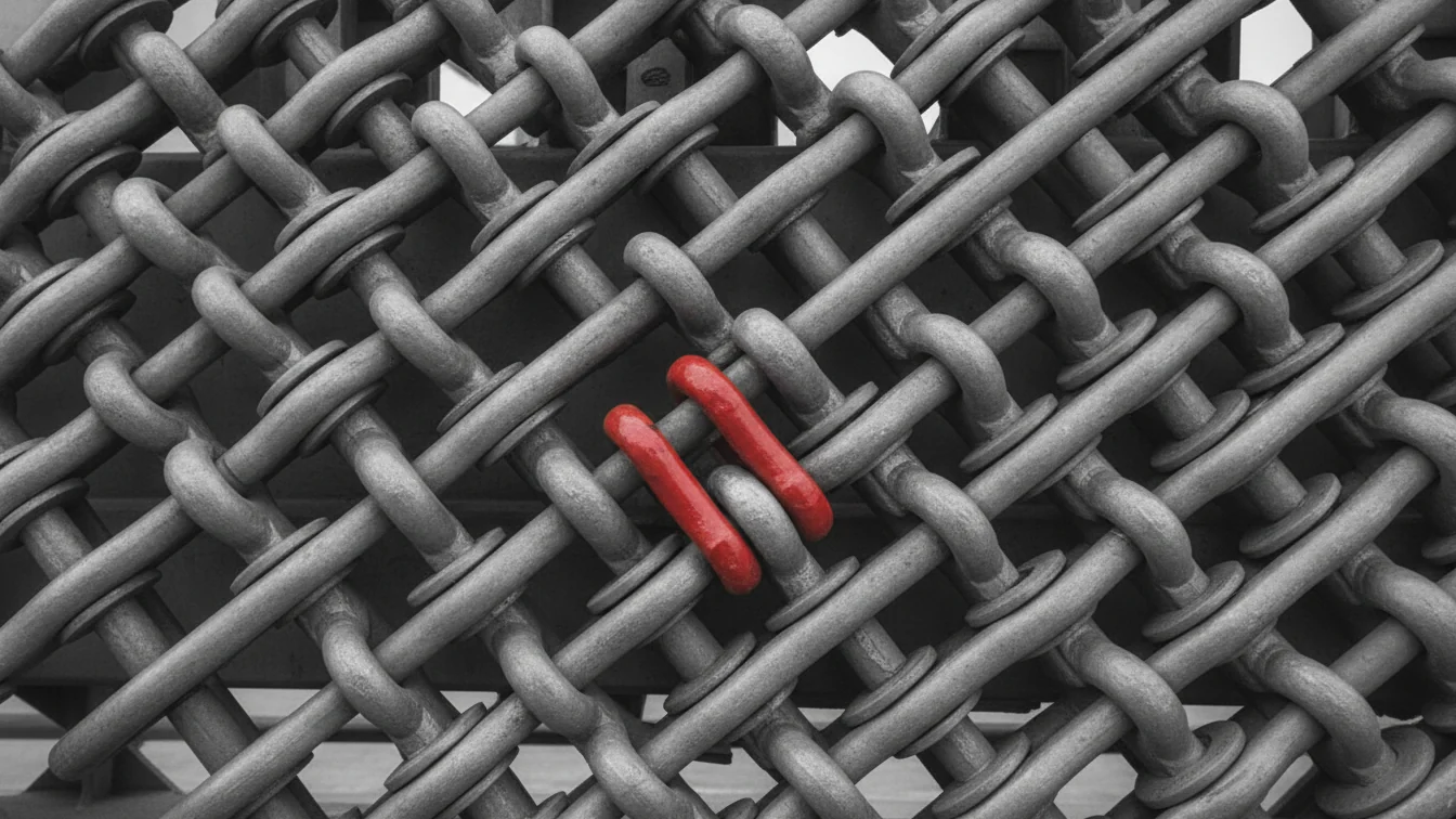 Illustration: close-up of interlocked steel chain links, one of them red