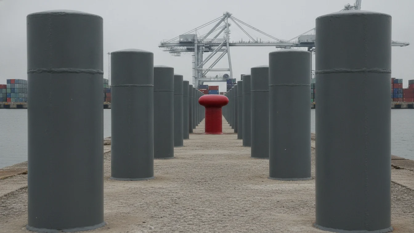 Illustration: grey mooring bollards on a quay, one red, with container cranes behind