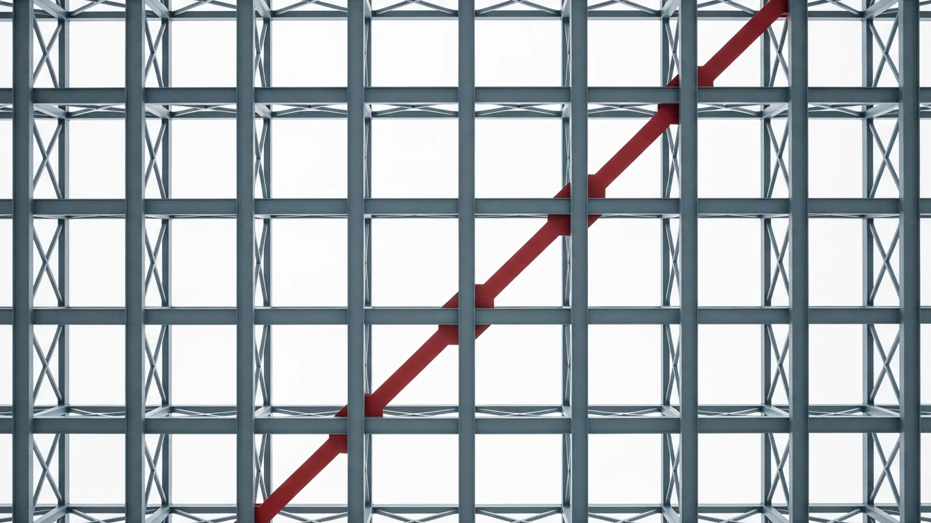 Illustration: steel lattice frame crossed by a red diagonal beam